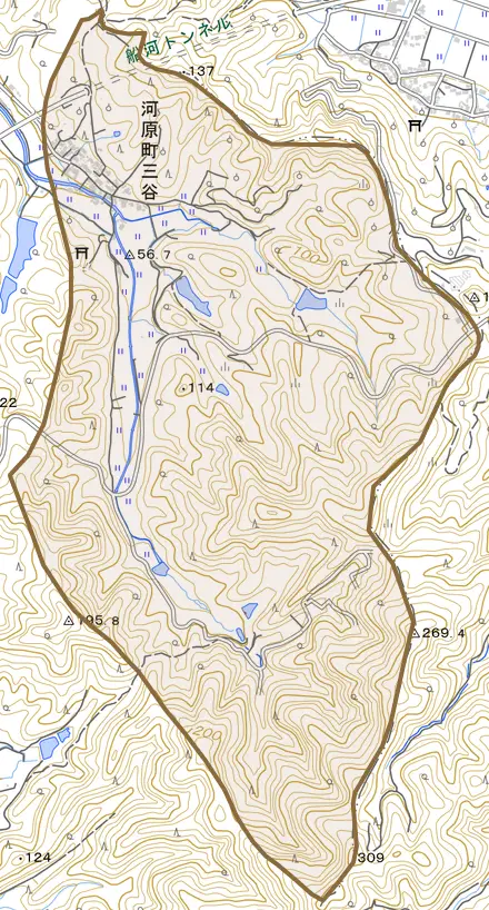 河原町三谷とその周辺の地図。町の範囲を重ねている