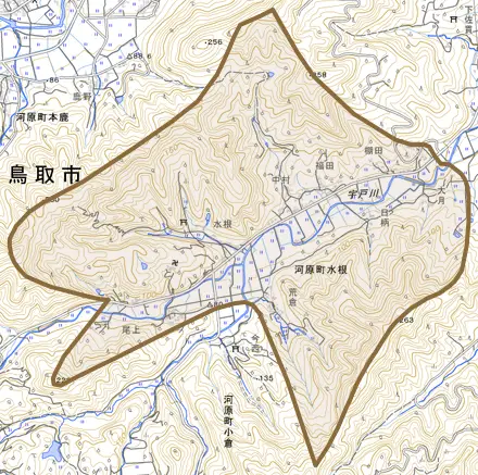 河原町水根とその周辺の地図。町の範囲を重ねている