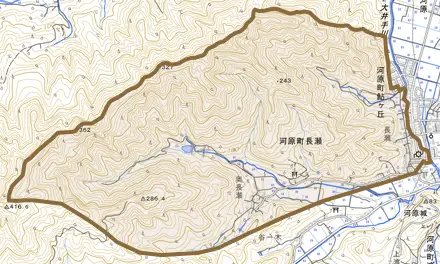 河原町長瀬とその周辺の地図。町の範囲を重ねている