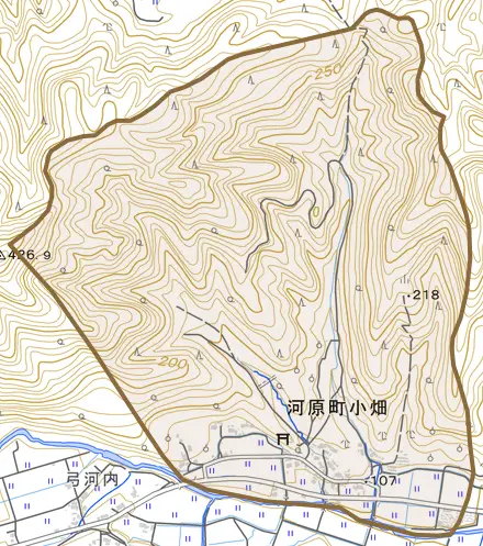 河原町小畑とその周辺の地図。町の範囲を重ねている