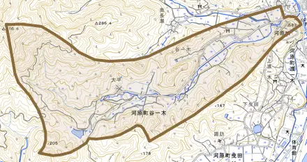 河原町谷一木とその周辺の地図。町の範囲を重ねている