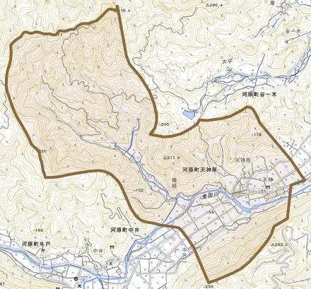 河原町天神原とその周辺の地図。町の範囲を重ねている