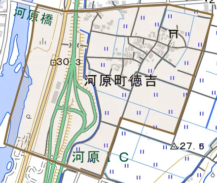河原町徳吉とその周辺の地図。町の範囲を重ねている