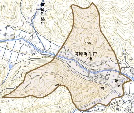 河原町牛戸とその周辺の地図。町の範囲を重ねている