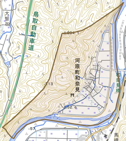 河原町和奈見とその周辺の地図。町の範囲を重ねている