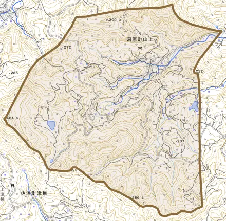 河原町山上とその周辺の地図。町の範囲を重ねている