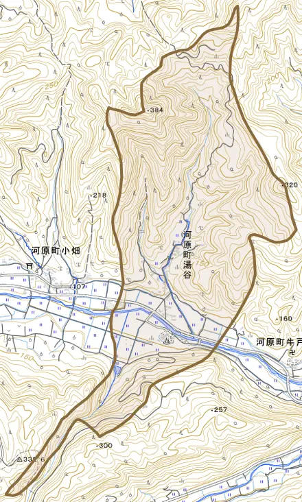 河原町湯谷とその周辺の地図。町の範囲を重ねている