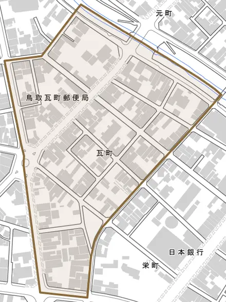 瓦町とその周辺の地図。町の範囲を重ねている