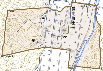 気高町土居とその周辺の地図。町の範囲を重ねている