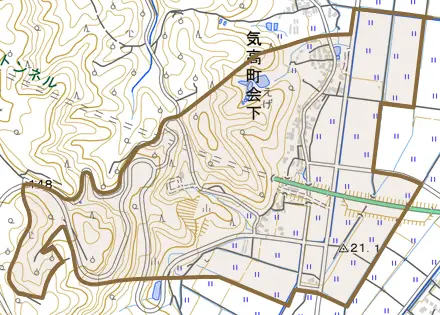 気高町会下とその周辺の地図。町の範囲を重ねている