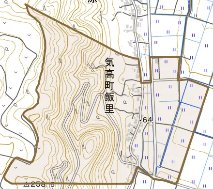 気高町飯里とその周辺の地図。町の範囲を重ねている
