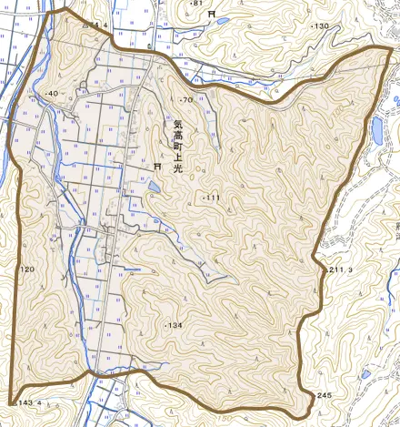 気高町上光とその周辺の地図。町の範囲を重ねている