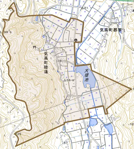 気高町睦逢とその周辺の地図。町の範囲を重ねている