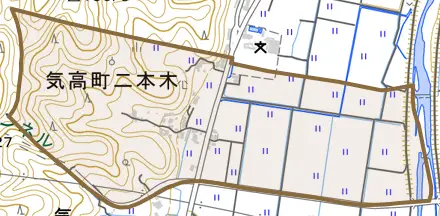 気高町二本木とその周辺の地図。町の範囲を重ねている