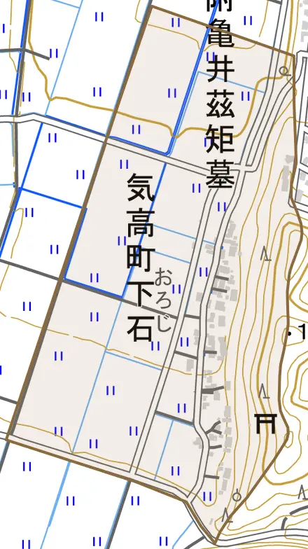 気高町下石とその周辺の地図。町の範囲を重ねている