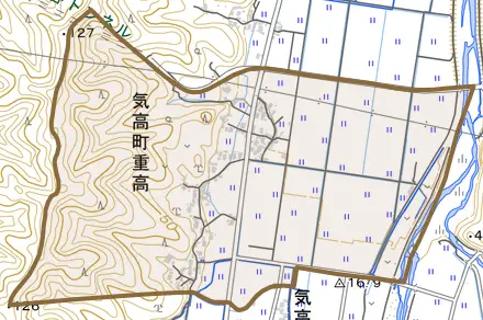 気高町重高とその周辺の地図。町の範囲を重ねている