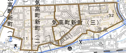 気高町新町とその周辺の地図。町の範囲を重ねている