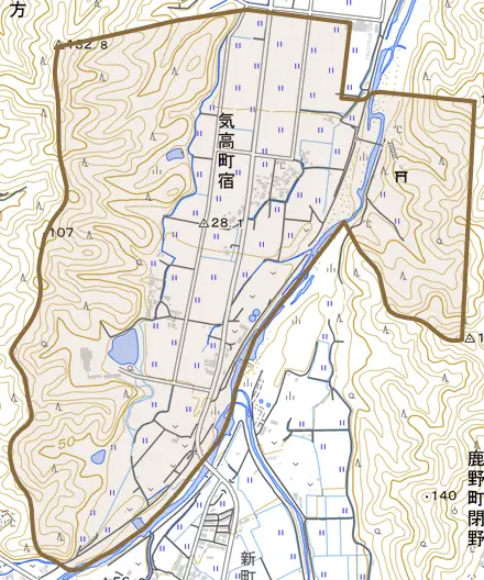 気高町宿とその周辺の地図。町の範囲を重ねている