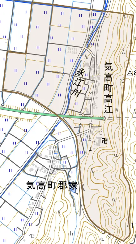 気高町高江とその周辺の地図。町の範囲を重ねている