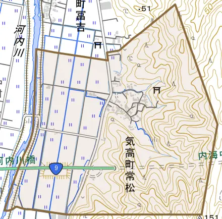 気高町常松とその周辺の地図。町の範囲を重ねている