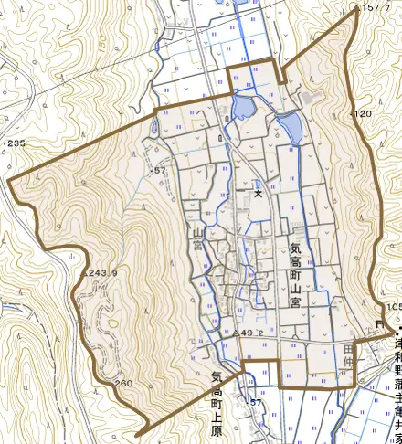 気高町山宮とその周辺の地図。町の範囲を重ねている