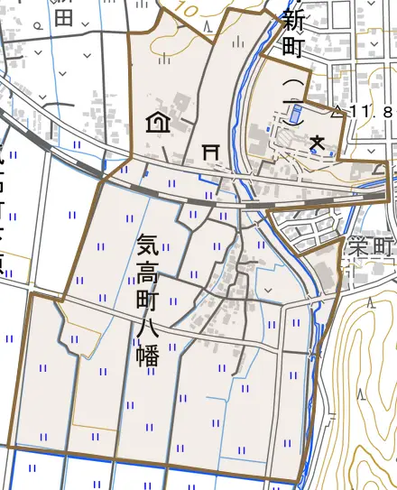 気高町八幡とその周辺の地図。町の範囲を重ねている