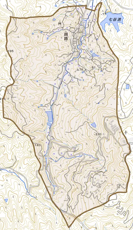 越路とその周辺の地図。町の範囲を重ねている