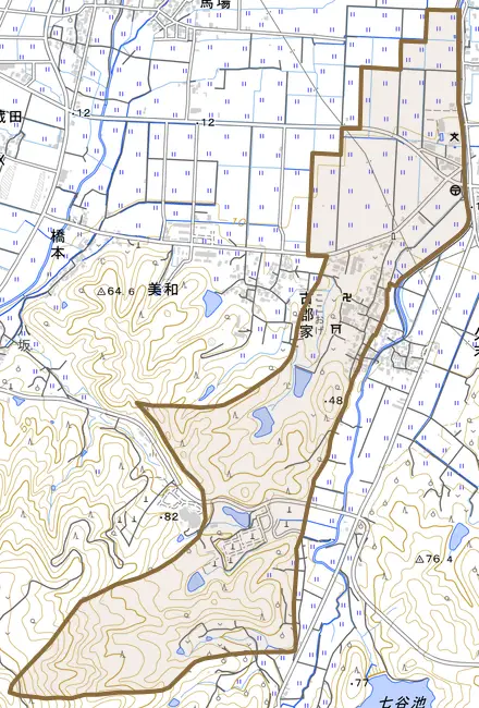 古郡家とその周辺の地図。町の範囲を重ねている