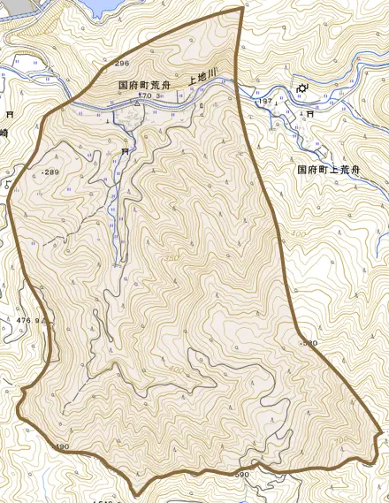 国府町荒舟とその周辺の地図。町の範囲を重ねている