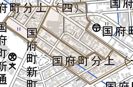 国府町分上とその周辺の地図。町の範囲を重ねている