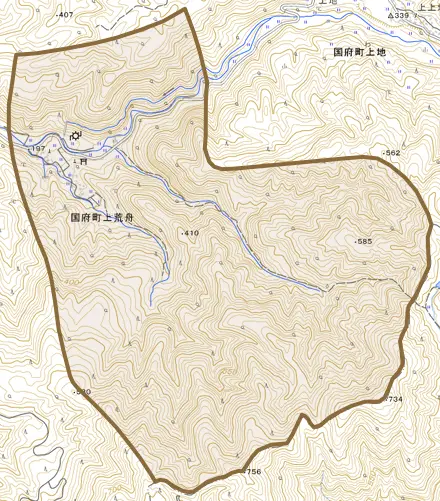 国府町上荒舟とその周辺の地図。町の範囲を重ねている