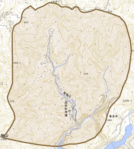 国府町神護とその周辺の地図。町の範囲を重ねている