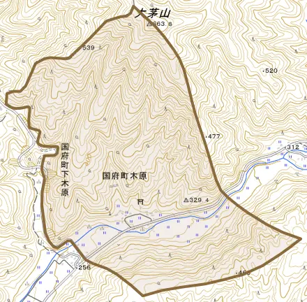 国府町木原とその周辺の地図。町の範囲を重ねている