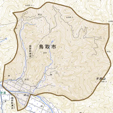 国府町神垣とその周辺の地図。町の範囲を重ねている