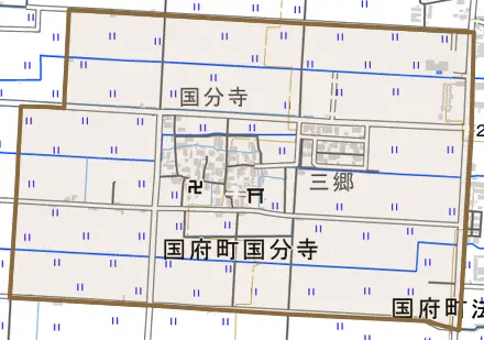 国府町国分寺とその周辺の地図。町の範囲を重ねている