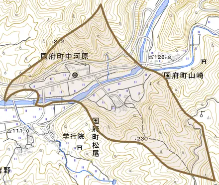国府町中河原とその周辺の地図。町の範囲を重ねている