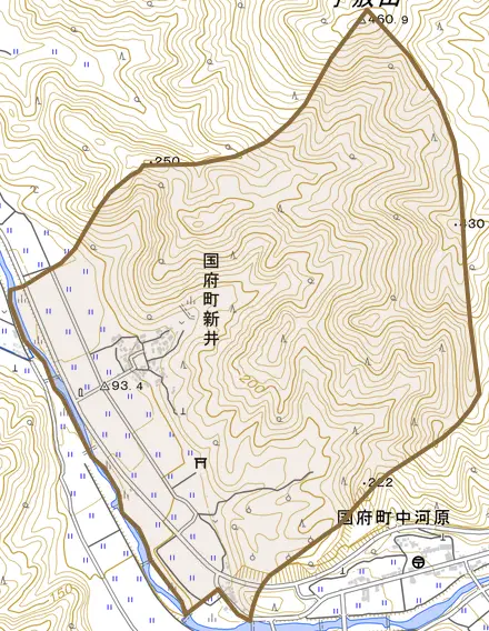 国府町新井とその周辺の地図。町の範囲を重ねている