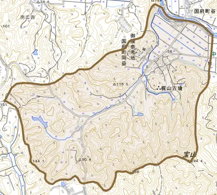 国府町岡益とその周辺の地図。町の範囲を重ねている