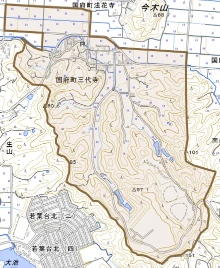 国府町三代寺とその周辺の地図。町の範囲を重ねている