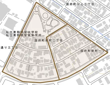 国府町新町とその周辺の地図。町の範囲を重ねている