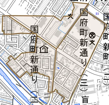 国府町新通りとその周辺の地図。町の範囲を重ねている