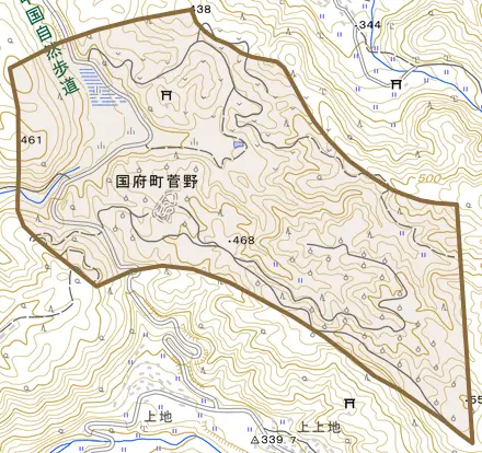 国府町菅野とその周辺の地図。町の範囲を重ねている