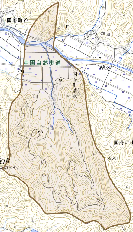 国府町清水とその周辺の地図。町の範囲を重ねている