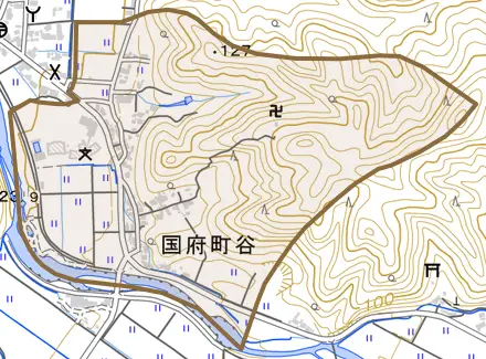 国府町谷とその周辺の地図。町の範囲を重ねている