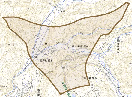 国府町栃本とその周辺の地図。町の範囲を重ねている