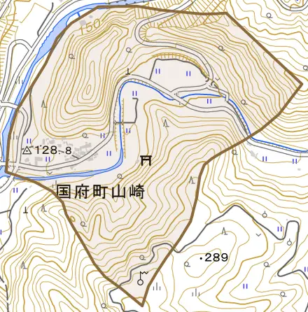 国府町山崎とその周辺の地図。町の範囲を重ねている