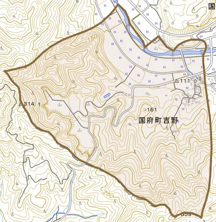 国府町吉野とその周辺の地図。町の範囲を重ねている