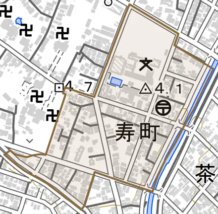 寿町とその周辺の地図。町の範囲を重ねている