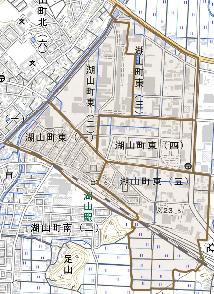 湖山町東とその周辺の地図。町の範囲を重ねている