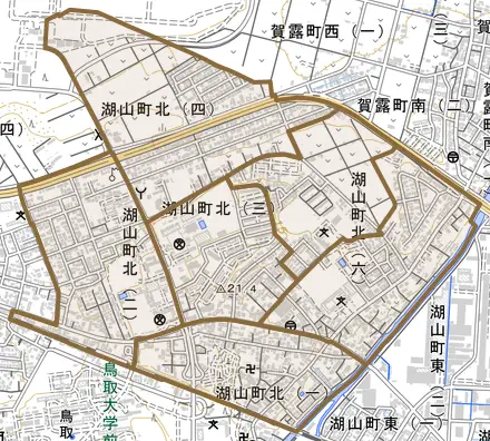 湖山町北とその周辺の地図。町の範囲を重ねている